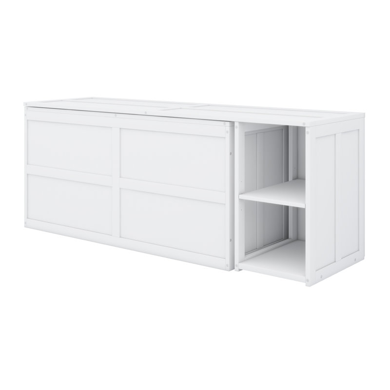 Structure de lit escamotable à conception compacte avec tablettes de rangement et bureau rotatif, Blanc