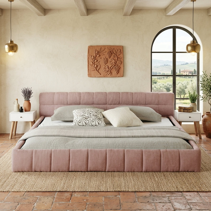 Base de lit basse moderne avec tête de lit et structure solide, aucun sommier tapissier requis, California King Size, Pink