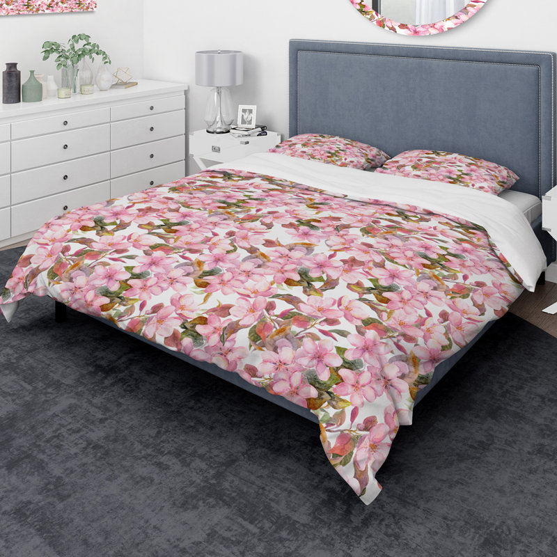 Ensemble de housse de couette designart fleuring, Housse de couette très grand + 2 taies décoratives, Rose / vert