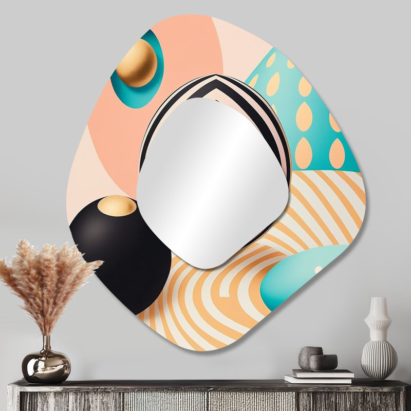 Jordao Blue Moon Universe - Geometric Unique Shape Large Wall Mirror, Blue Asymmetrical Decorative Mirror, Printed Metal Art
