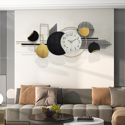 Sculpture horloge murale moderne en métal géométrique, grand art mural 3D abstrait noir et blanc pour le salon, la chambre à coucher