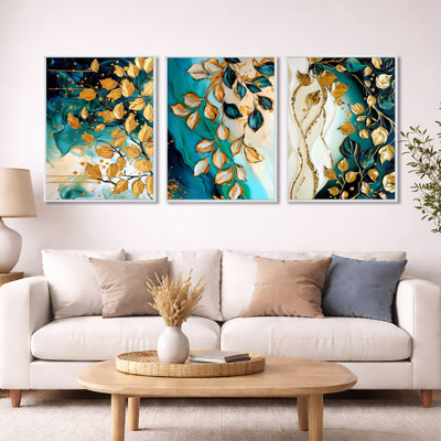 Emerald Embrace of Golden Leaves - Leaves, art mural 3 pièces