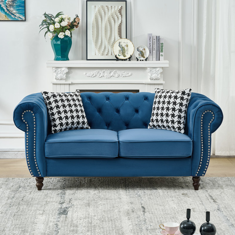 Canapé en tissu d'ameublement 65 po Chesterfield, Bleu