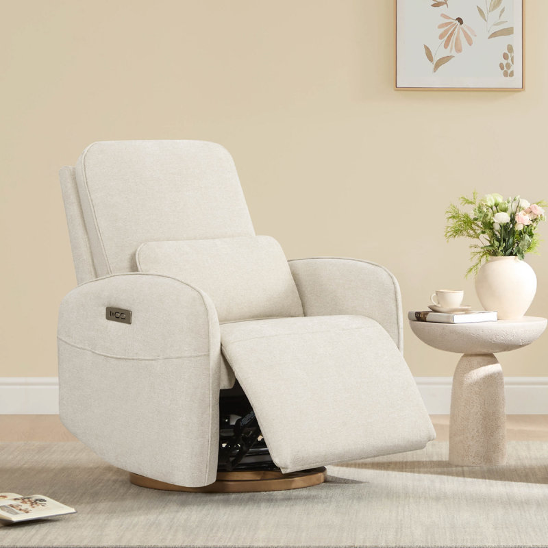 Family-Friendly Swivel Glider Power Recliner with Pocket, Beige Polyester