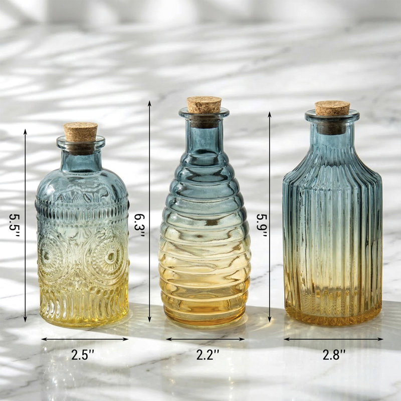 Ensemble de 3 vases décoratifs en verre dégradé bleu jaune