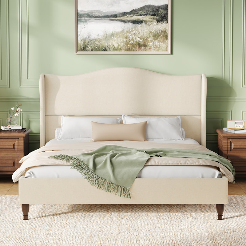 Très grand lit plateforme à oreilles tapissier avec tête de lit haute beige, Très grand lit, Beige