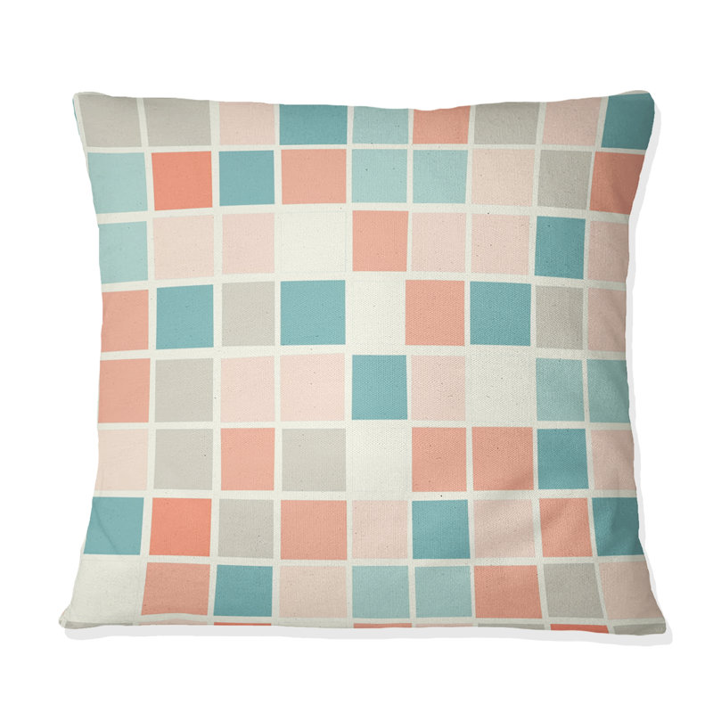 Carrés géométriques verts et orange - Coussin décoratif géométrique, H 18 po x l 18 po