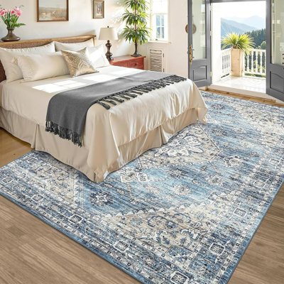 Tapis lavables pour le salon, tapis de chambre à coucher floraux bleus rétro
