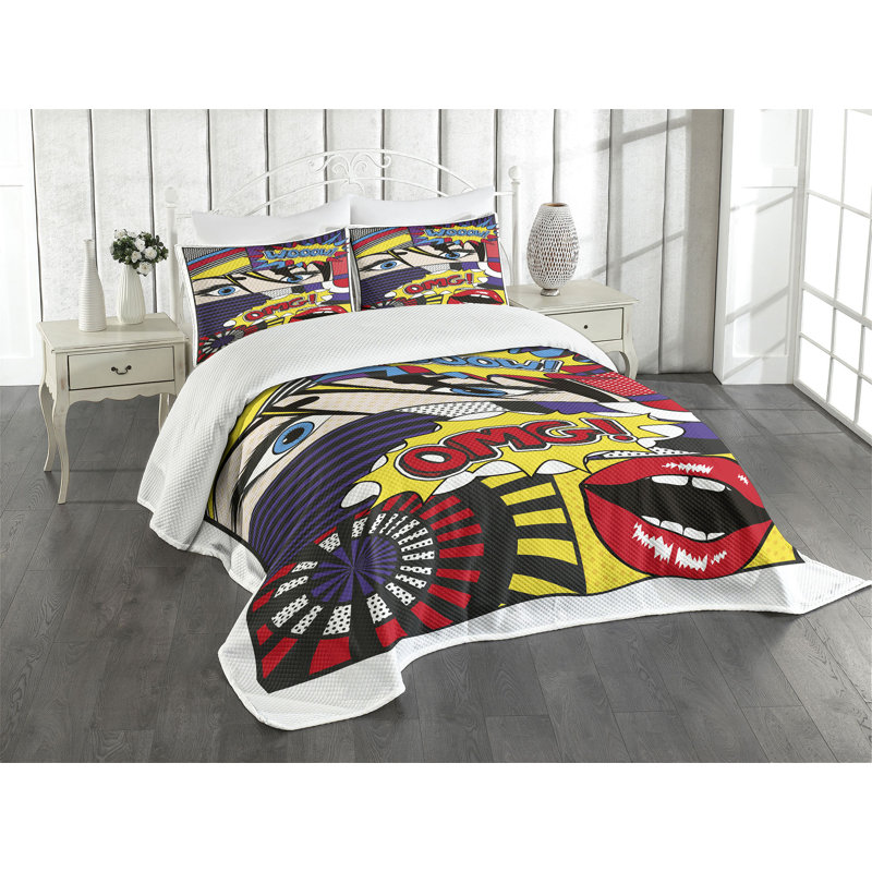 Ambesonne Art Bedspread Set Comic Book Pattern Multicolor, King Bedspread + 2 Standard Shams