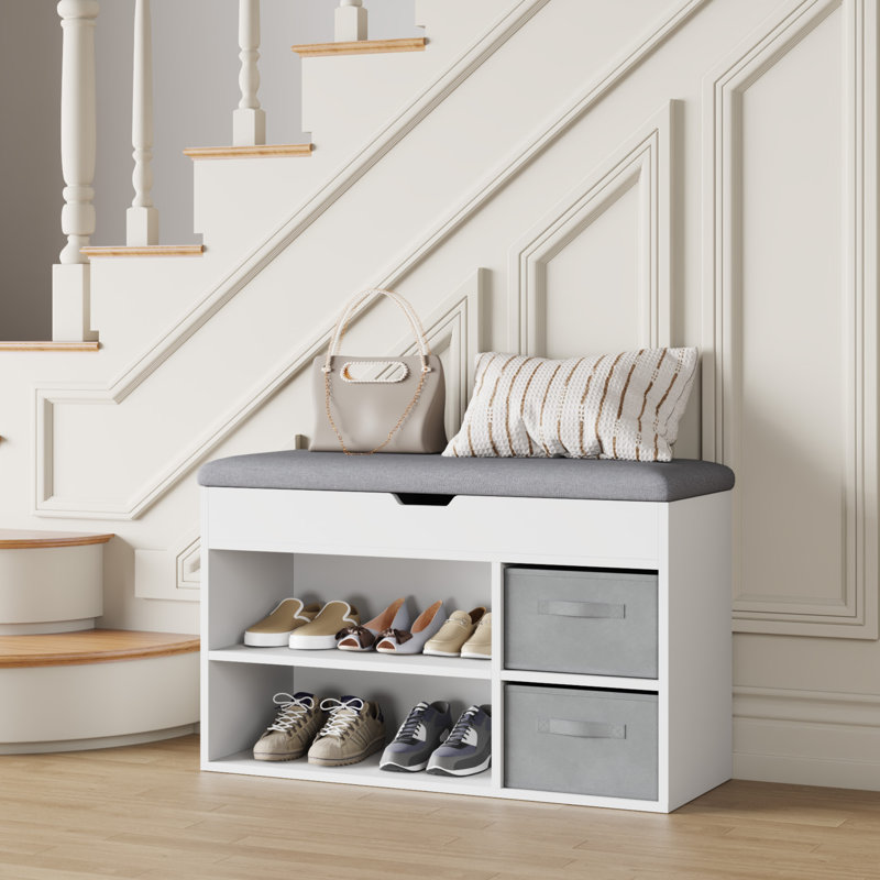 Shoe Bench With Fabric Drawer, White