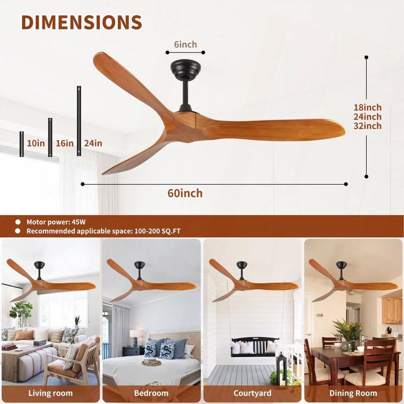 Ventilateur de plafond en bois de 60 pouces sans lumière sans lumières pour les patios