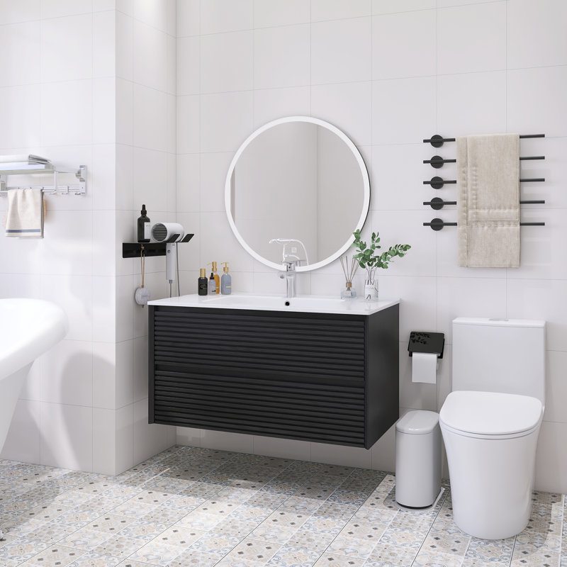 Ensemble de meuble-lavabo mural simple avec lavabo en céramique, Chêne foncé, 36"