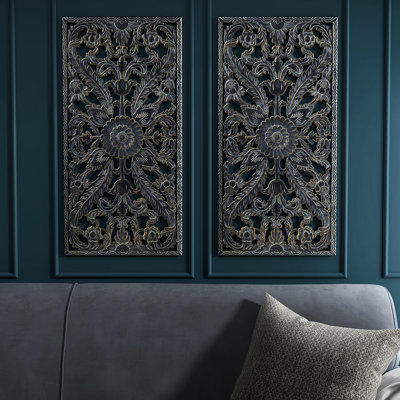 2 Wood Decor - Distressed Antique Blue Lotus Flower Indoor Use Hanging Art