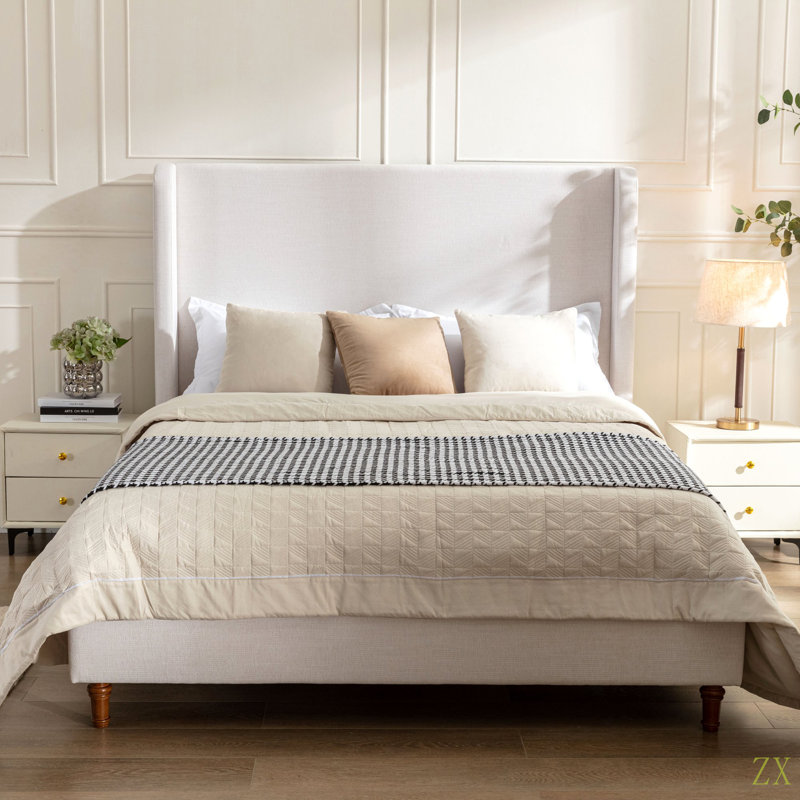 Hayden Upholstered Wingback Bed Size Queen / Tall 54" Headboard Upholstered Queen Bed / Without Wooden Slats / Box Spring Request / Queen / Elegant Simplicity / Easy Assembly