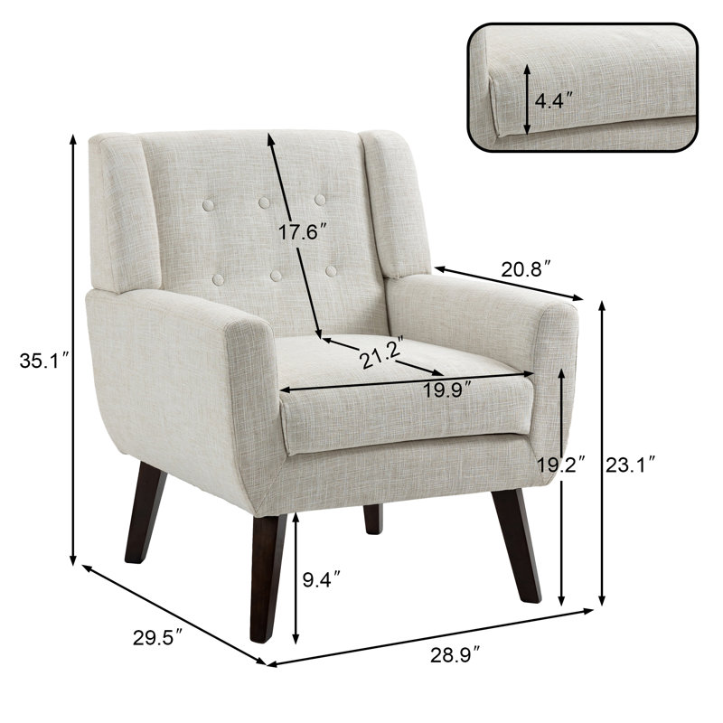 Fauteuil Jaqueze rembourré en mélange de lin beige avec dossier large et pieds en bois massif