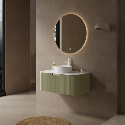 Bathroom Vanity with Sink, Wall-Mounted Floating Curved Edges Striped Bathroom Storage Cabinet