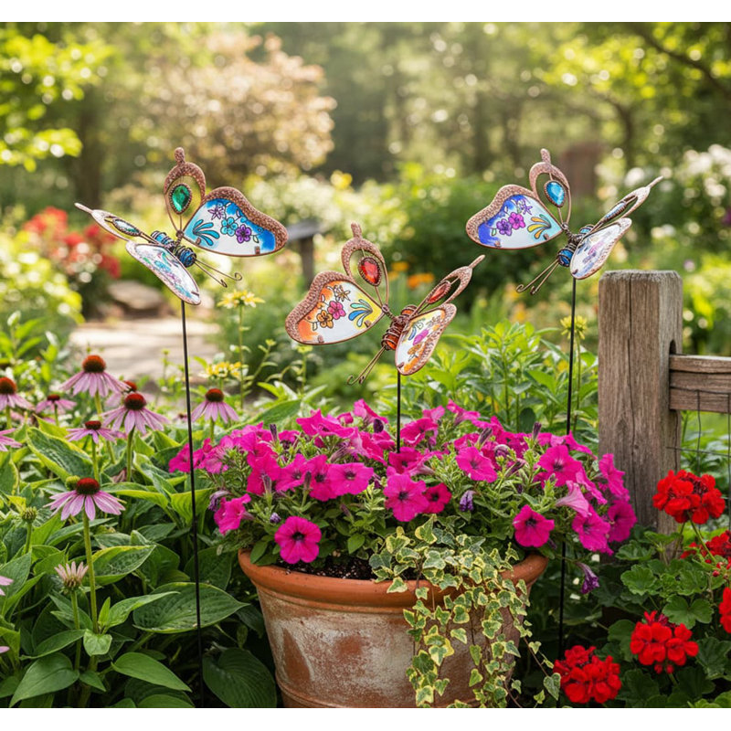 3 Pack Metal Butterfly Garden Stakes - Stained Glass Outdoor Yard Art with Gemstones, Weatherproof Decor