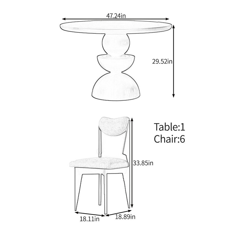 Creative round table set in solid wood, 29.52"H x 47.24"L x 47.24"W