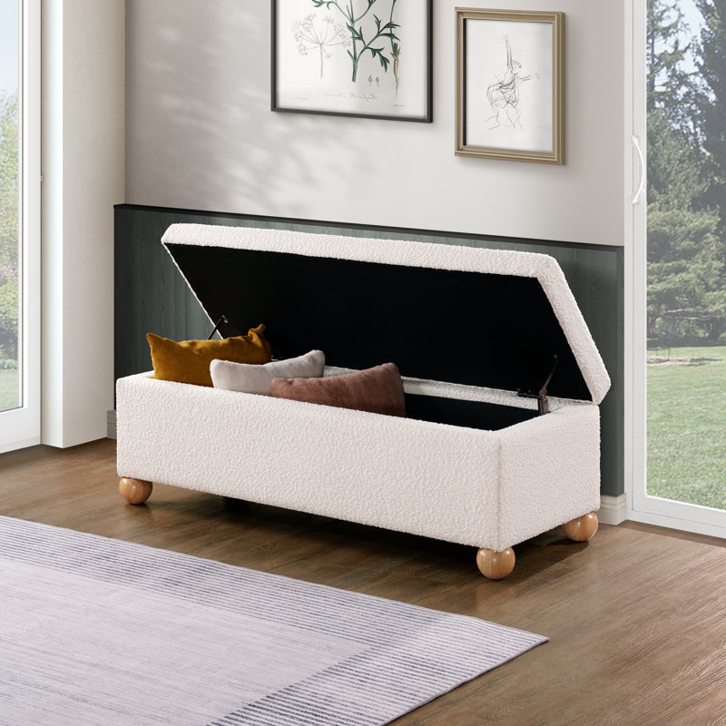 Jarett Boucle Storage Bench With Solid Wood Ball Feet