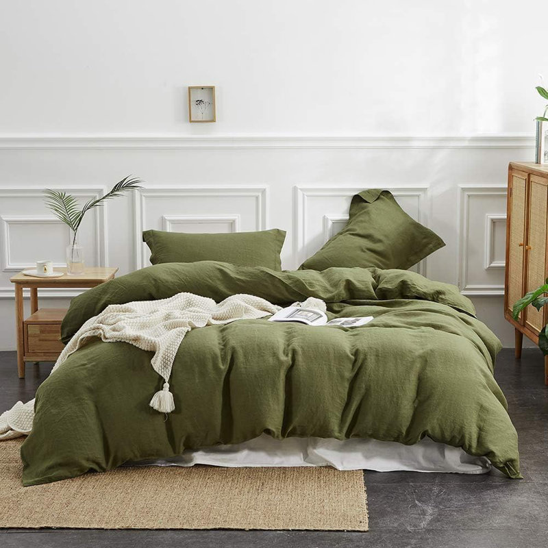 Ensemble de housse de couette 100% lin, Vert olive, Housse de couette double + 2 taies d'oreiller