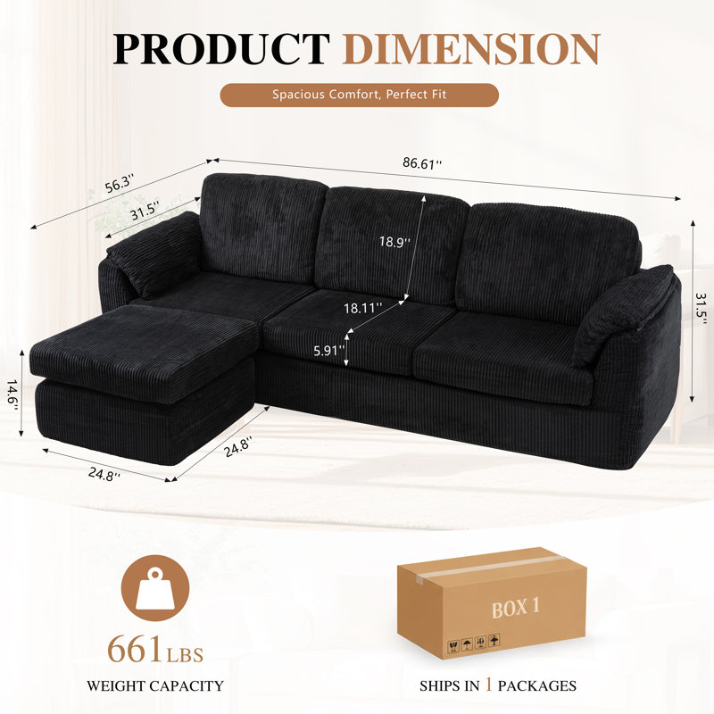 Canapé modulaire en mousse haute densité, Velours côtelé noir