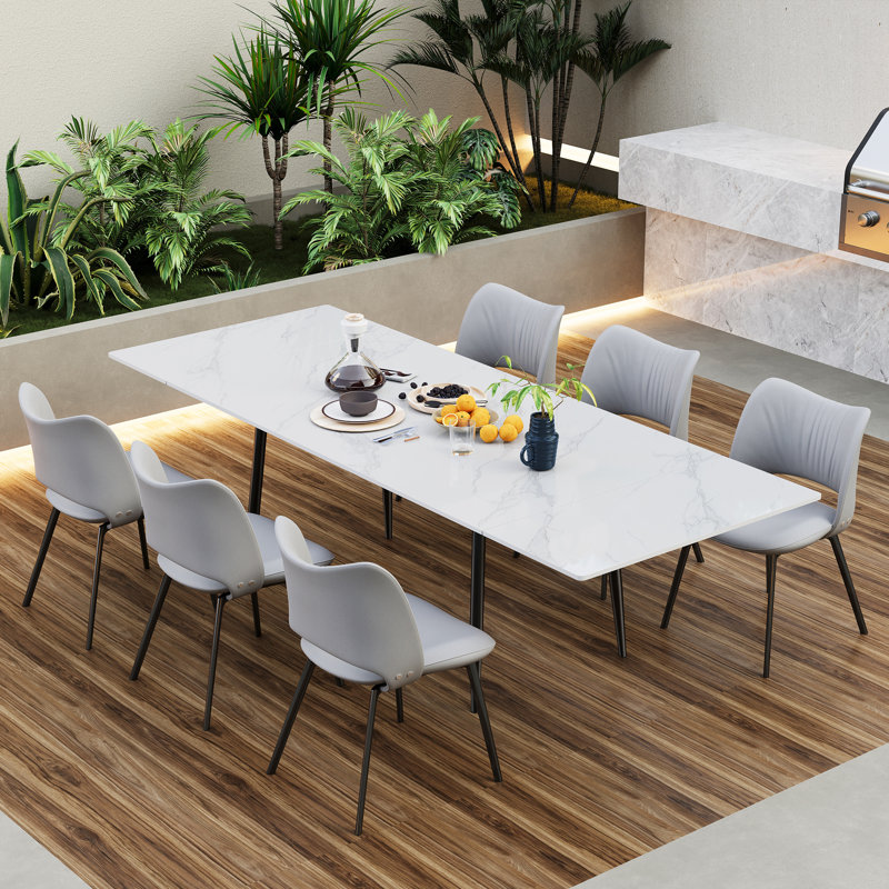 94.4" Retractable Sintered Stone Dining Table, Seats 8-10 People, White