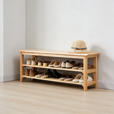 Wooden Storage Bench Shoe Rack — Rustic Solid Wood Entryway Bench