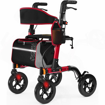 Déambulateur pour aînés, Rollator avec siège, capacité de charge de 159 kg, grand siège de 46 cm, roues tout-terrain de 20 cm, hauteur réglable sur 6 niveaux, Rollator léger en aluminium pour aînés (ROUGE)