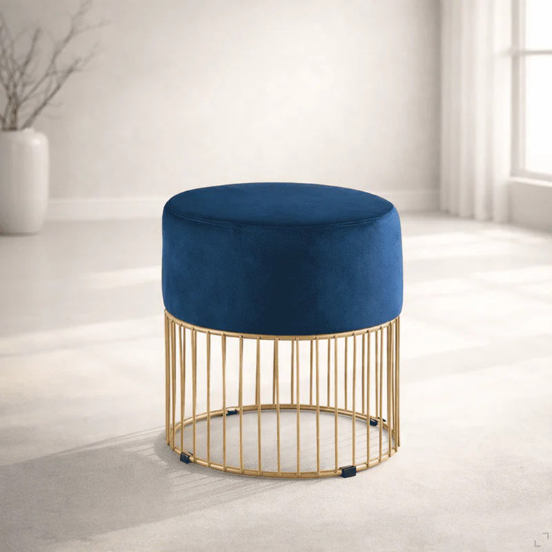 1Pc Round Velvet Accent Ottoman With Luxurious Gold Frame, Comfy Upholstered Ottoman, Blue