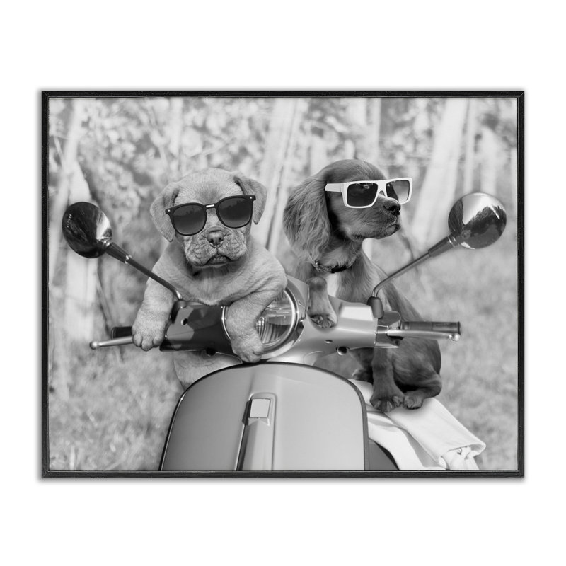«Puppy Moto Riding Buddies», estampe numérique, conception de Marcus Prime, H 16 po x l 20 po, Giclée encadrée noir minuit