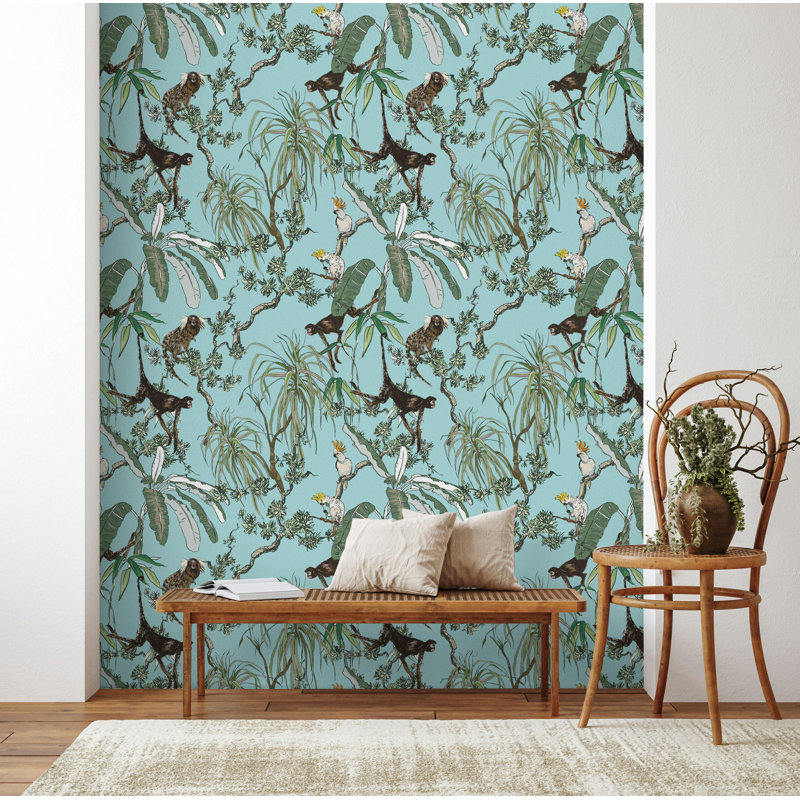 Papier peint tropical Tropical Monkeys and Cockatoos, L 50 po x l 75 po