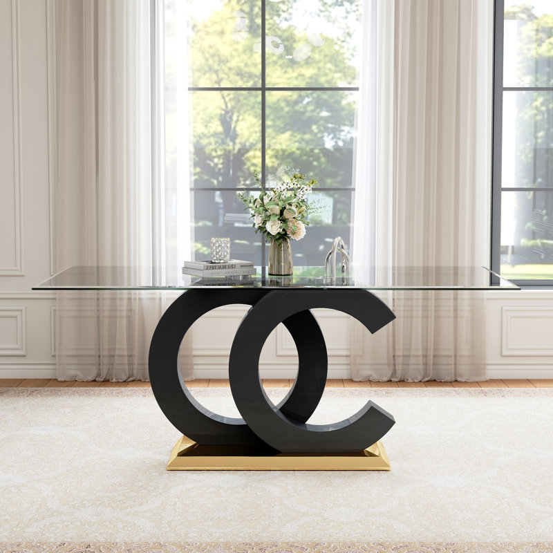 70" Glass Dining Table, Clear Tempered Glass Top with Glossy OC-Shaped Legs and Polished Mirror Stainless Steel Base