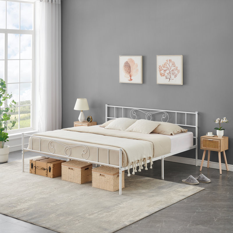 Très grande base de lit avec tête de lit et pied de lit, structure de lit en métal avec rangement sous le lit de 12,2 po, support de lattes en acier, aucun sommier requis, blanc