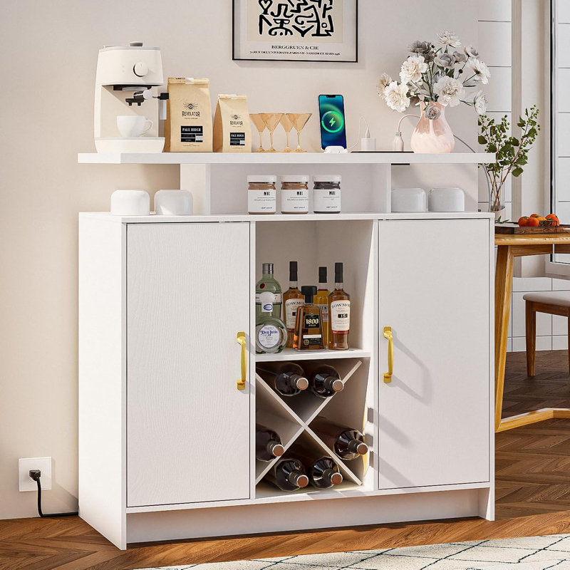 Modern Wine Bar Cabinet with LED Lights & Power Outlet, 2-Door Sideboard with Wine Rack & Storage for Kitchen, Dining Room or Living Room