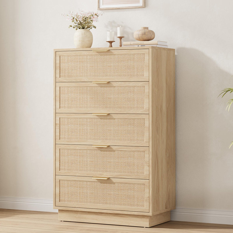Natural Rattan 5-Drawer Dresser, Wood Storage Cabinet with Integrated Frame for Hallway, Entry Area or Closet, Yellow