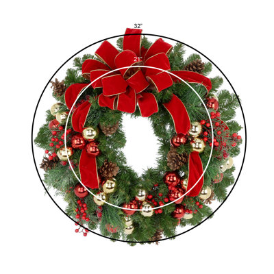 32" Holiday Wreath With Pinecones, Berries, Ornaments And A Velvet Bow
