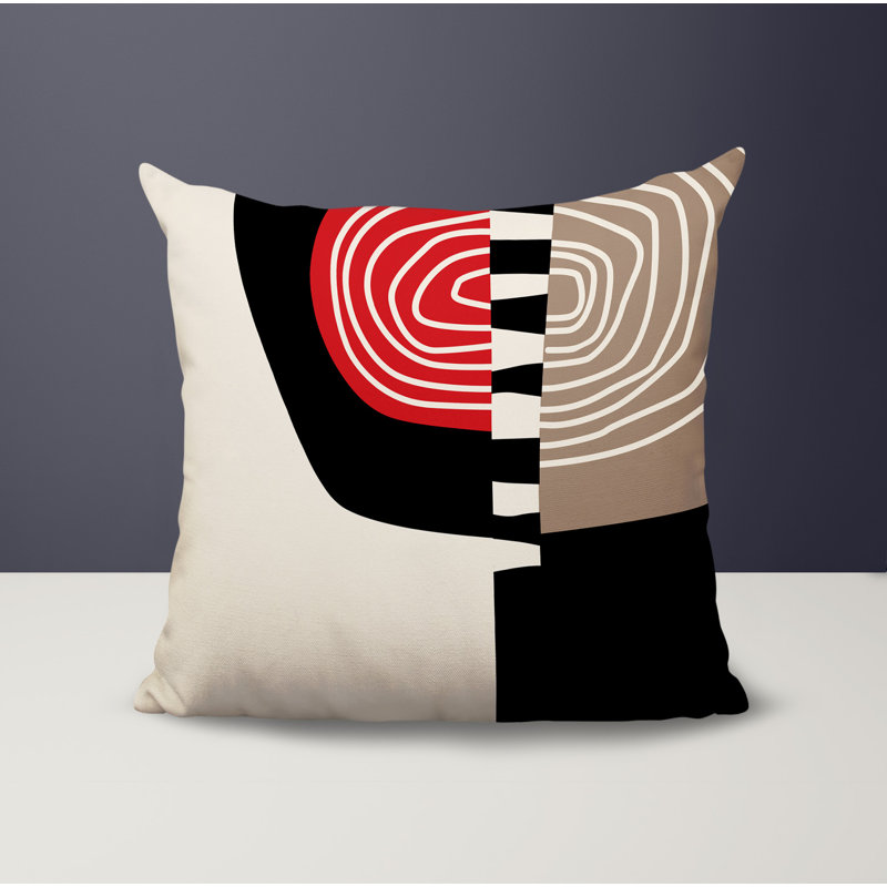 Coussin Marti, Rouge / noir / blanc cassé abstrait, H 15 po x l 15 po