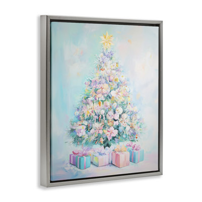 Arbre de Noël pastel sur cadre flottant bleu, design par Arlington Prints