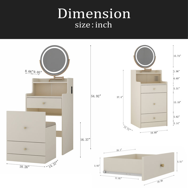 3 In 1 Vanity Desk With Mirror And Light ,Small Makeup Vanity Set With Charging Station, With 2 Drawers And Open Storage Space, With Upholstered Stool, Compact Dressing Table Writing Desk
