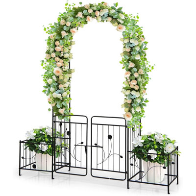 Garden Arch with Gate & Planter Boxes, Heavy Duty Metal Arbor