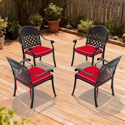 Chaise de patio de 4 coussins rouges en aluminium moulé, motifs magnifiquement pétales, finition haute température, sièges confortables avec design ergonomique, option de rangement empilable, toutes saisons