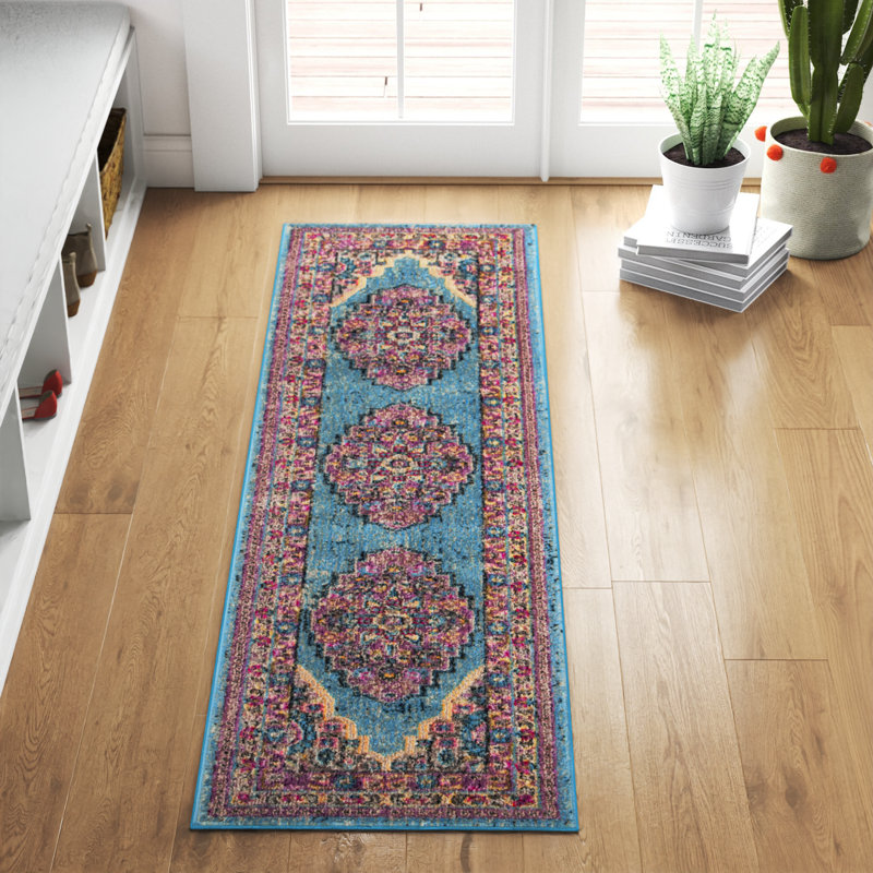 Tapis oriental turquoise / mauve Katie, Tapis de couloir 2 pi 2 po x 8 pi