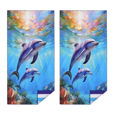 Oversized Beach Towels 71 x 35 Inch Set of 2, Extra Large Microfiber Quick Dry Sand Free Towel for Pool Travel Yoga, Blue White Dolphin