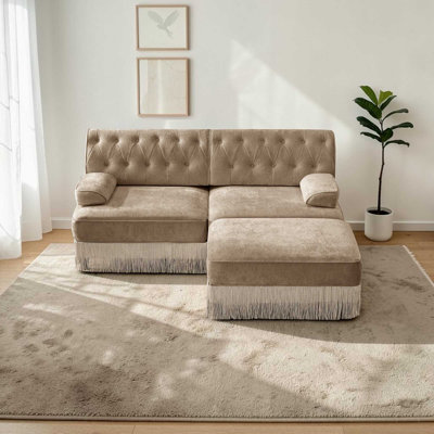 Causeuse modulaire en velours l 76,6 po avec 1 repose-pieds, conception capitonnée, jupe à franges