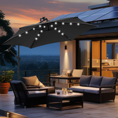 10ft Offset Hanging Market Patio Umbrella With Solar Lights&Base