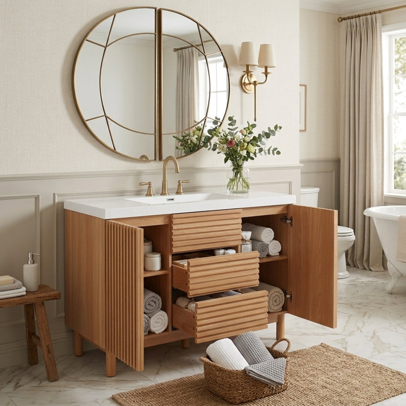 Meuble-lavabo simple de 120 cm avec lavabo en résine SMC, 3 tiroirs et rangement ajustable, design cannelé, style ferme moderne, salle de bain principale