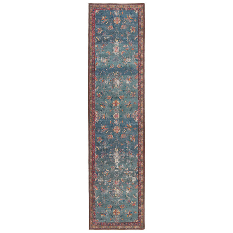 Machine Washable Floral Power Loom Polyester Area Rug in Blue/Red, Runner 2'6" x 10'