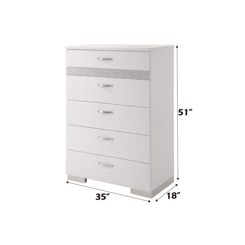 Commode à finition haute brillance Naima II avec 5 tiroirs spacieux et rangement intégré pour les chambres à coucher modernes