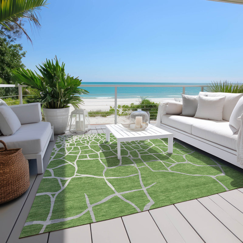 Green and White Synthetic Mosaic Pattern Washable Area Rug