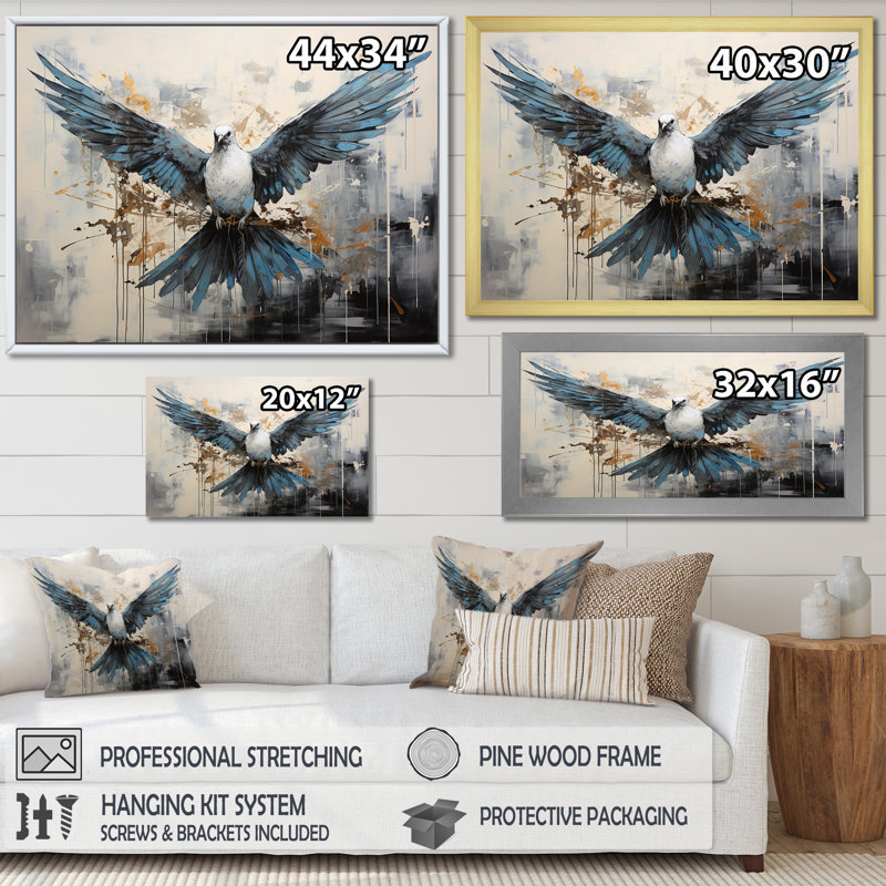 Minimalisme bleu colombe - salon d'art mural colombe, Cadre naturel flottant, H 30 po x l 40 po x P 1,5 po